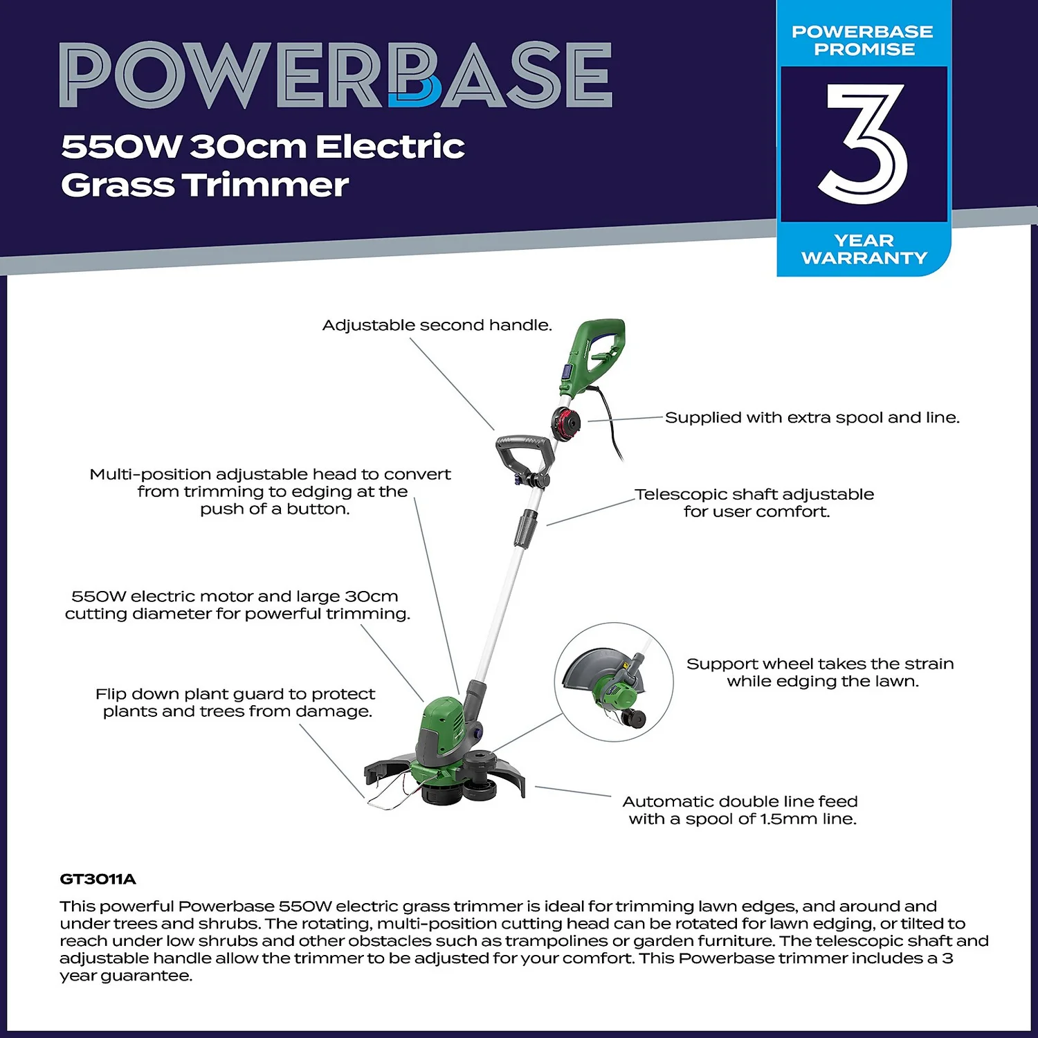 Powerbase 550W Electric Grass Trimmer - 30cm 2 Powerbase 550W Electric Grass Trimmer - 30cm - Image 2