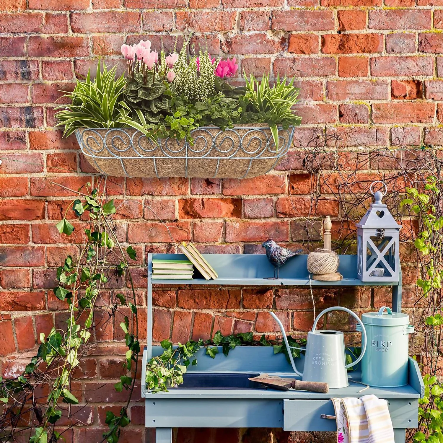 Distress Finish Wall Trough With Coco Liner - 61cm 2 Distress Finish Wall Trough With Coco Liner - 61cm - Image 2